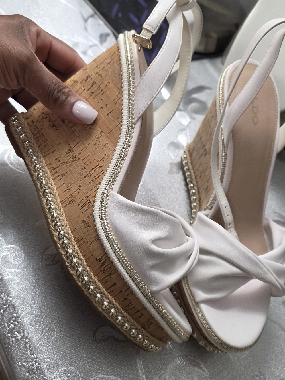Aldo White Cork Wedge Sandals with Knot Front